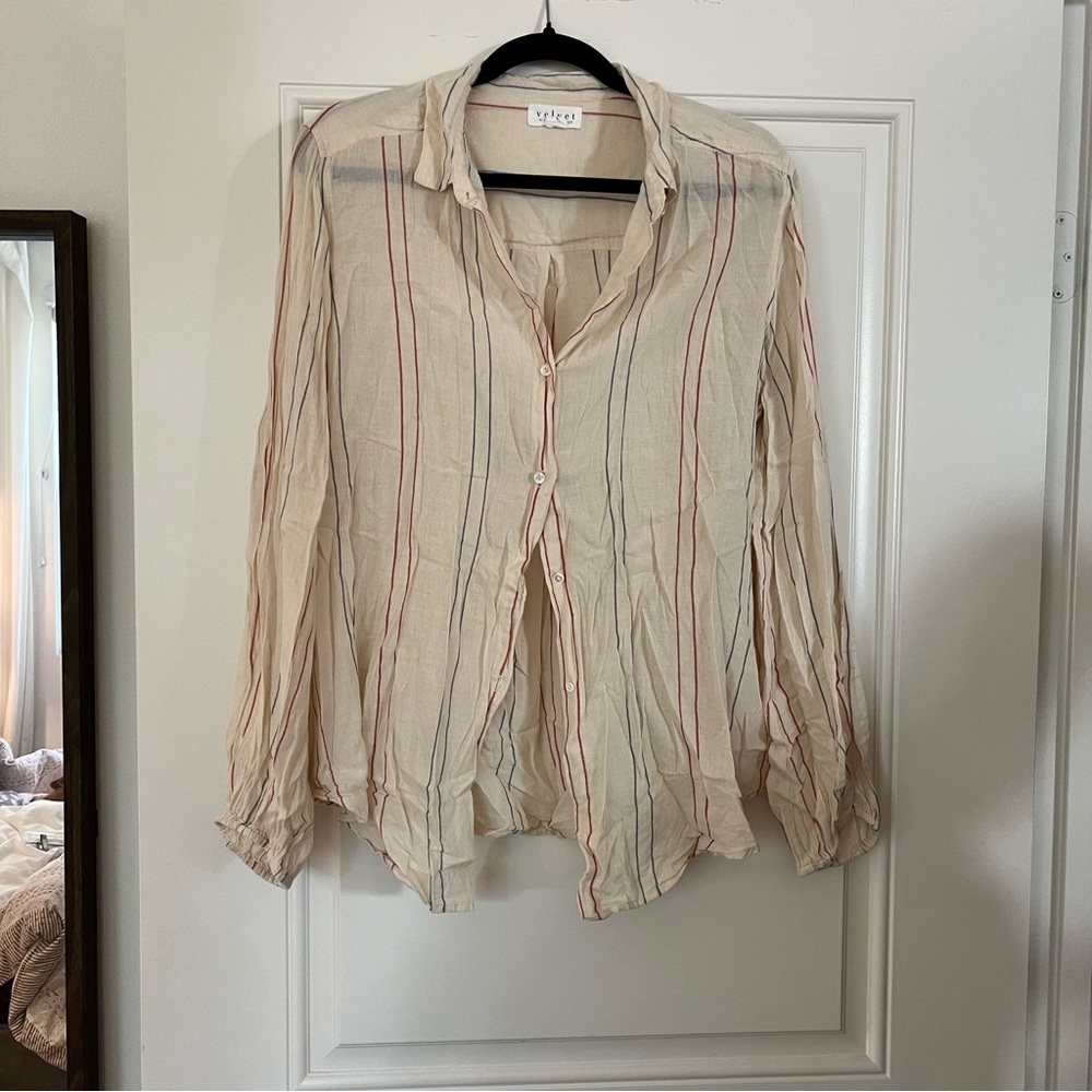 Cream with white and red stripes button down blouse